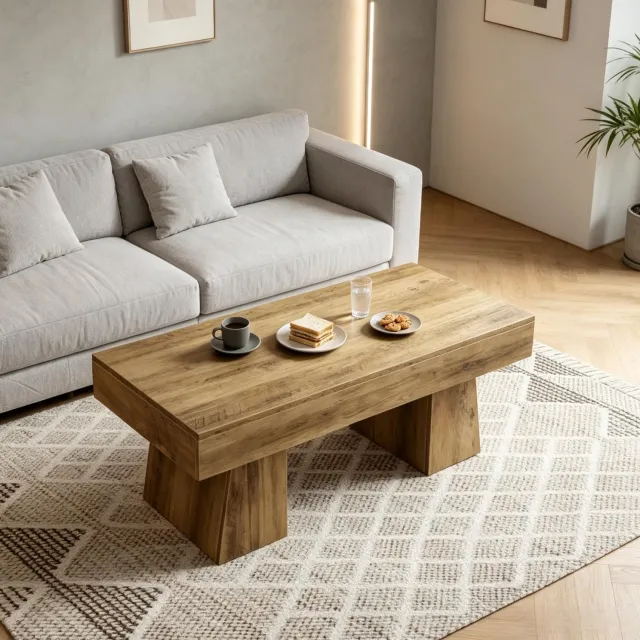 DESMIU Salontafel - Rechthoekig met Verstelbare Voetjes - voor Woonkamer en Zithoek - MDF met Houtnerf - Bruin - 120 x 60 x 50 cm