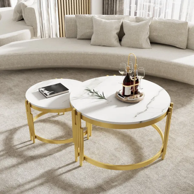 COVREO Salontafel set 71,5 x 71,5 x 44 cm en 51,5 x 51,5 x 37 cm - wit, marmerlook fineer, nestbaar Antique Brass