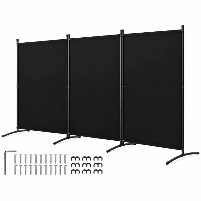 Kymmi Kamerscherm - Room divider - Scheidingswand - Kamerverdeler - 3 Panelen - Zwart - Opvouwbaar - Waterafstotend - 260x184cm