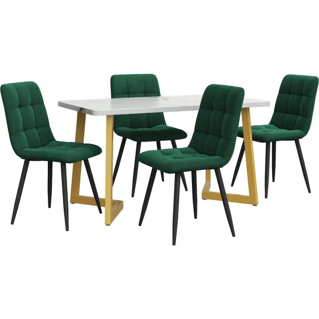 MUVANO Eettafel Met 4 Stoelen - Keukentafel Set - Eethoek - Rechthoekige Eettafel - Marmerlook - Gouden Poten - Fluwelen Stoelen - Eetkamer - 117 cm - 5-Delig - Donkergroen