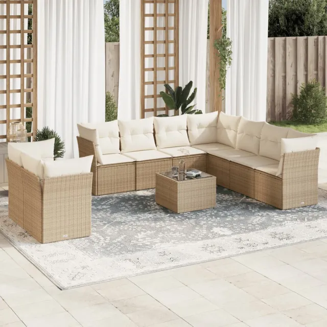 vidaXL 10-delige Loungeset met kussens poly rattan beige, foto 2