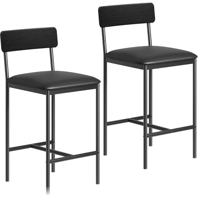 HOERFURIY Zwarte barkrukken set van 2 stuks counterhoogte, beklede barstoelen met rugleuning en voetsteun, geschikt voor keukeneiland
