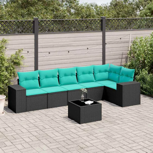 vidaXL 7-delige tuinbankset met kussens van zwart polyrotan, foto 2
