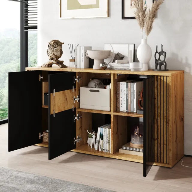 REDOM Sideboard - 3 deuren - Push-to-open - Soft-close scharnieren - Modern design - Woonkamer, eetkamer, hal - MDF en spaanplaat - Zwart en naturel - 140 x 35 x 71 cm Zwart + naturel
