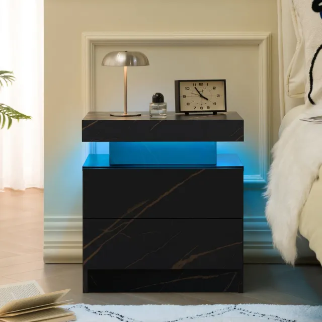MEUNIQ Nachtkastje met verstelbare LED-verlichting, 2 lades en open vak – 49 x 34,8 x 52,1 cm – zwart en goud voor slaapkamer of woonkamer