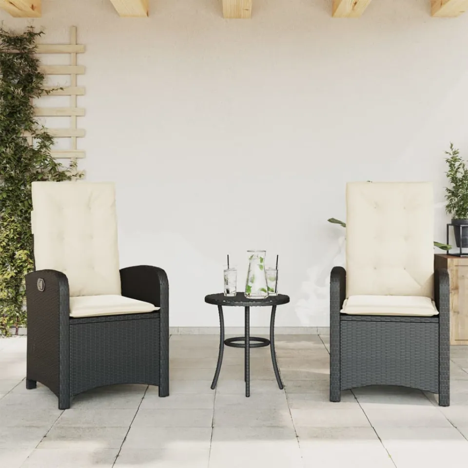 vidaXL 3-delige Bistroset met kussens poly rattan zwart, foto 2
