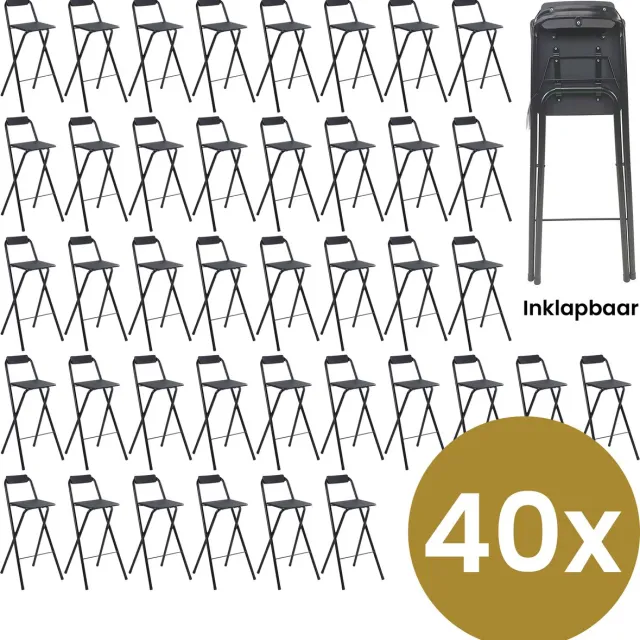 Alora Inklapbare Barkruk - Per 40 - Barkrukken Met Rugleuning - Opvouwbare Barkrukken Set Van 40 - Opklapbaar - Zwart - Outdoor - Barstoel - Klapstoel - Inklapbaar - Met Voetsteun - Camping - Barkruk Buiten