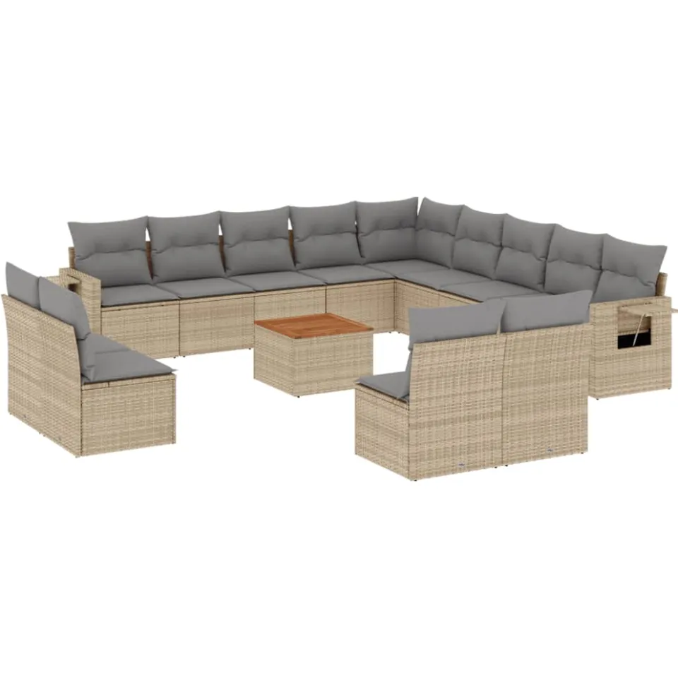 vidaXL 14-delige Loungeset met kussens poly rattan gemengd beige, foto 3