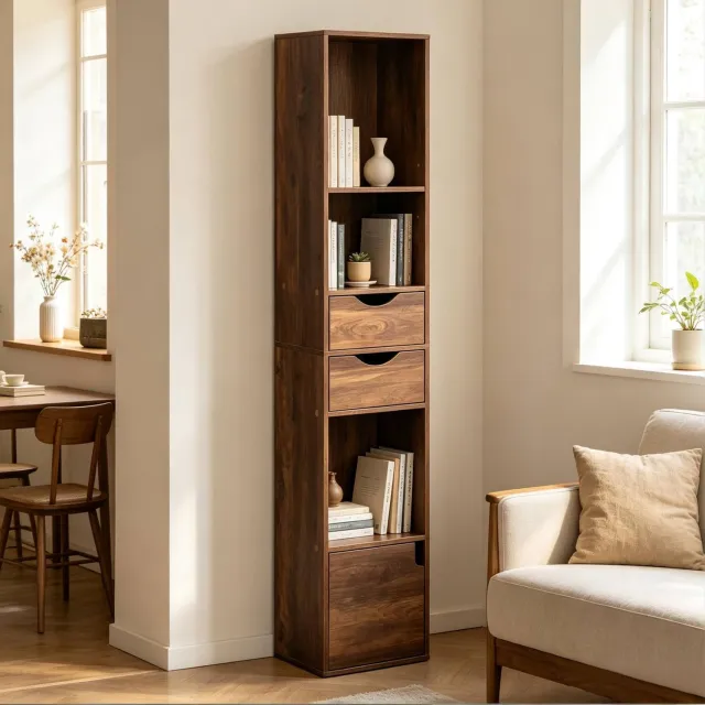 CHICFURN Boekenkast 30 cm - Verstelbare vakken - 2 laden - Bruin