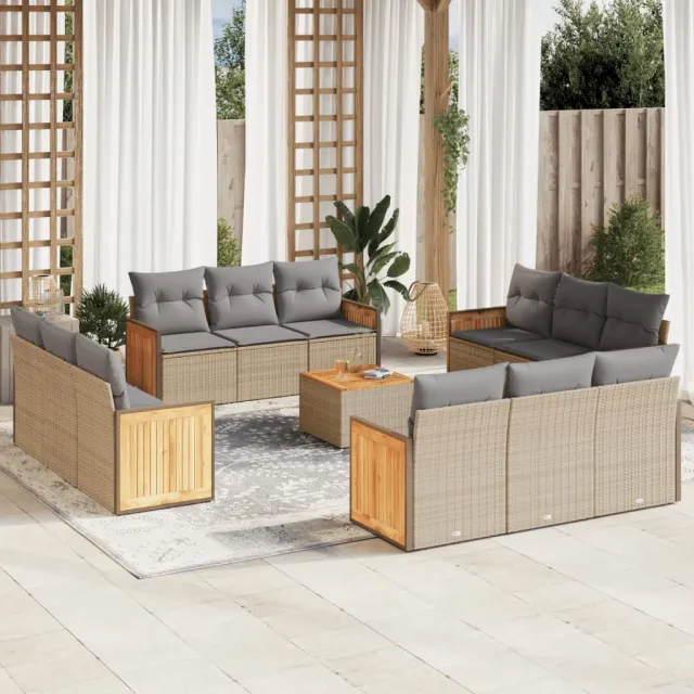 vidaXL 13-delige Loungeset met kussens poly rattan beige, foto 2