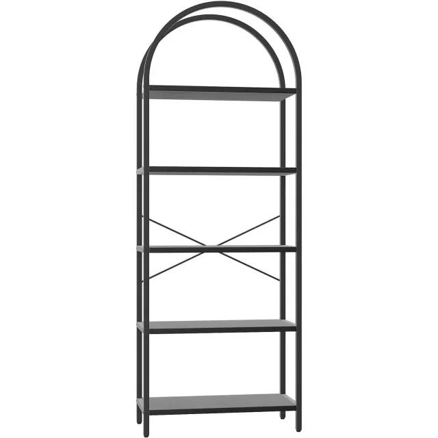HOERFURIY Modern gebogen boekenkast met 5 planken, smalle staande kast van MDF en metalen frame zwart