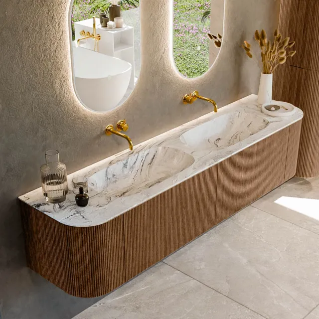 Mondiaz KURVE-DLUX 190 cm Onderkast Greeploos 2 Lades Met Deuren Walnut, Wastafel Solid Surface Dubbel Glace 0 Kraangaten Zonder Spiegel (KRVSTS190L+R2L2D0KD-Wal/Gla)