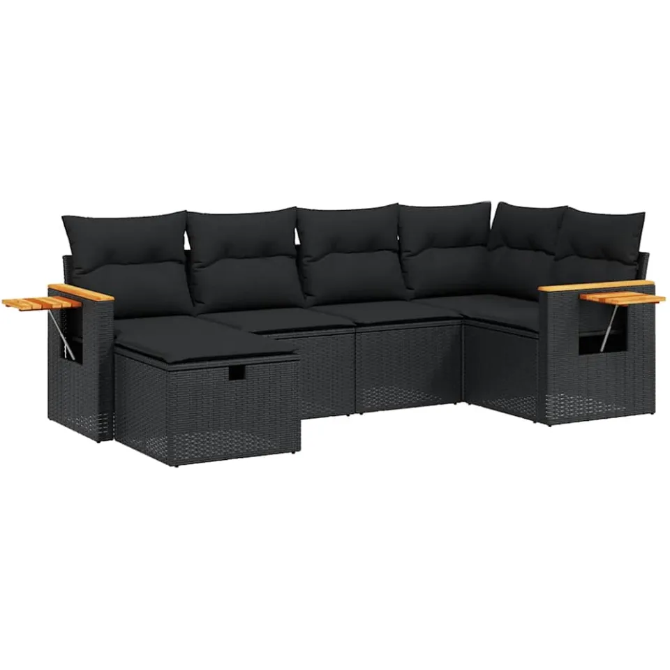 vidaXL 6-delige Loungeset met kussens poly rattan zwart, foto 3