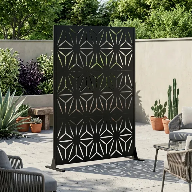 Pugsdrly Metalen privacyscherm voor buiten, vrijstaand, 183 x 116 cm decoratieve metalen schuttingpanelen met stabiele voet, draagbare scheidingsschermen voor terras, balkon, achtertuin en tuin Zwart