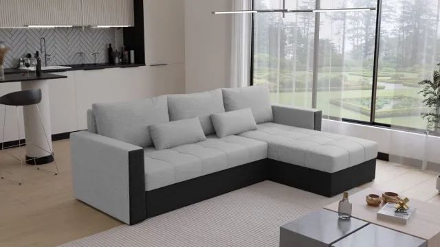 Beddenbriljant Hoekbank Kreta - Universeel - Stof - Grijs en Zwart - Slaapbank met opbergruimte - Links of Rechts - Direct Leverbaar - Hoekzetel - Chaise longue - Zetel met slaapgedeelte - 3 zits - Zitcomfort stevig Grijs én Zwart