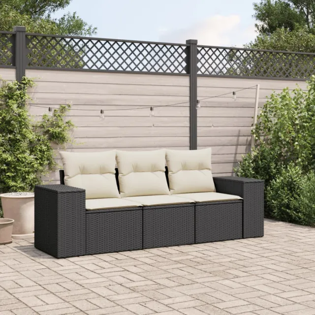 vidaXL 3-delige Loungeset met kussens poly rattan zwart, foto 2