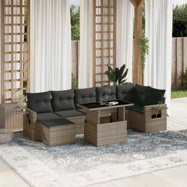 vidaXL 8-delige Loungeset met kussens poly rattan grijs, foto 2