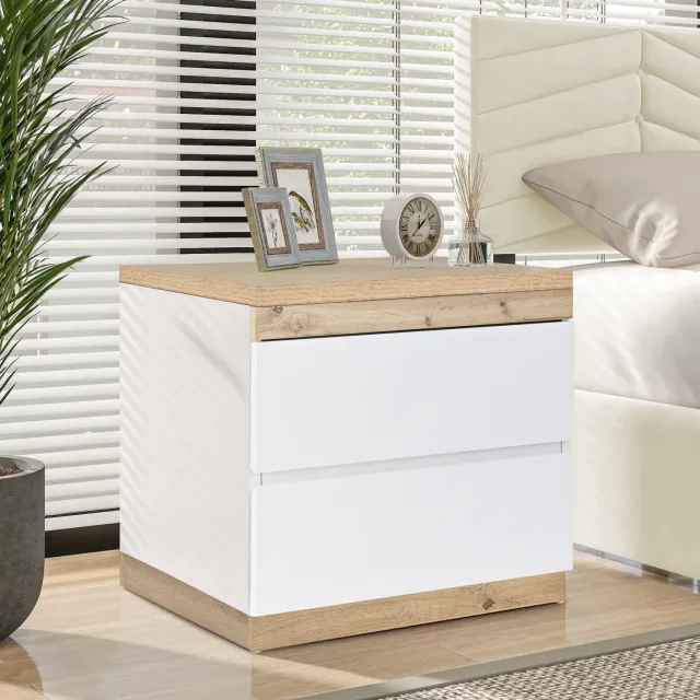 CHICFURN Nachtkastje 55 cm - 2 lades - Compact - Wit en eik Wit en eiken