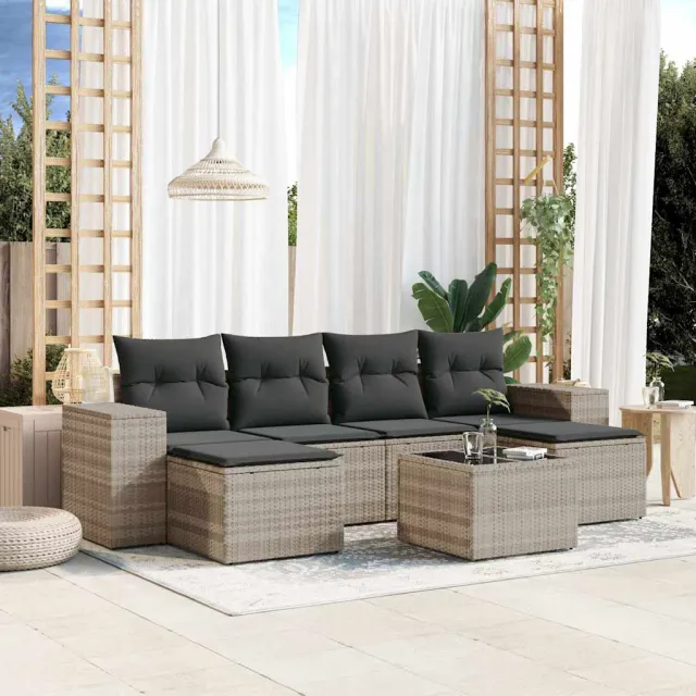 vidaXL 7-delige Loungeset met kussens poly rattan lichtgrijs grijs, foto 2
