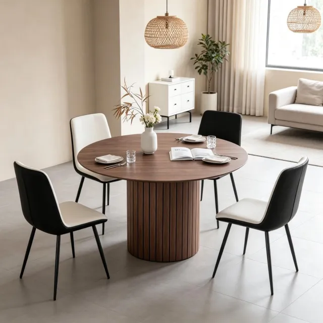 DESMIU Ronde Eettafel - Modern Met Zuilvoet - Voor Keuken En Eetkamer - Hout - Diameter 120 Cm - Donkerbruin - Hoogte 76 Cm