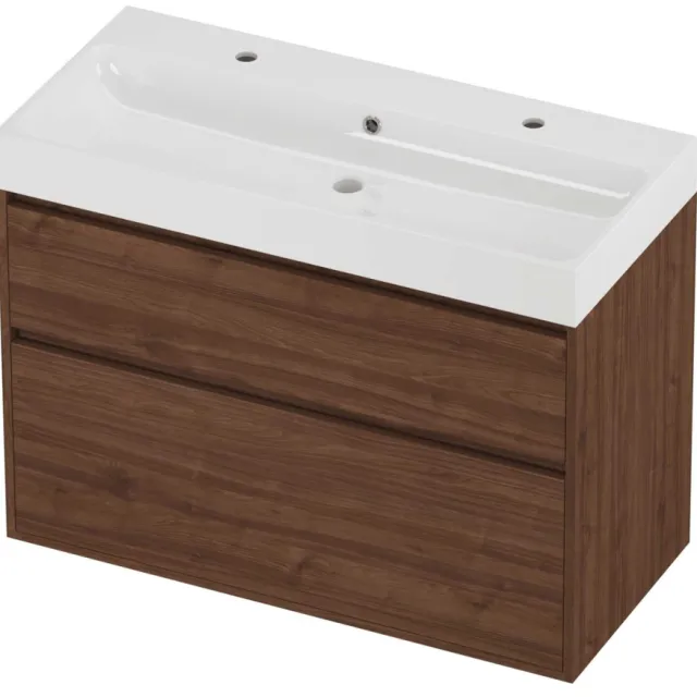 Proline Podium Badmeubelset Polystone Loft Greeploos 100x46x75 cm Glans Wit Indian Walnut Houtlook