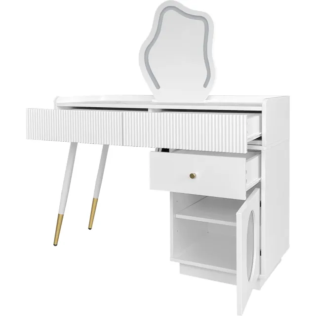 Ropilly Kaptafel Met Ledspiegel - Make-Uptafel Met Drie Ruime Laden En Aparte Opbergkast - Voor Slaapkamer Of Dressing - Wit Spaanplaat White