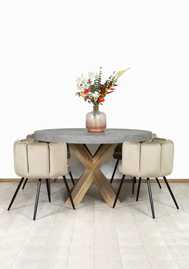 Betonlook tafel Mare met eikenhouten poot