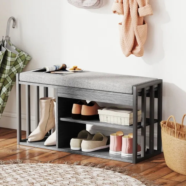STILVORA Schoenbank Met Zitkussen En Opbergruimte Voor Hal En Woonkamer - Grijs - Hout En Metaal - 86 X 30 X 45,4 Cm