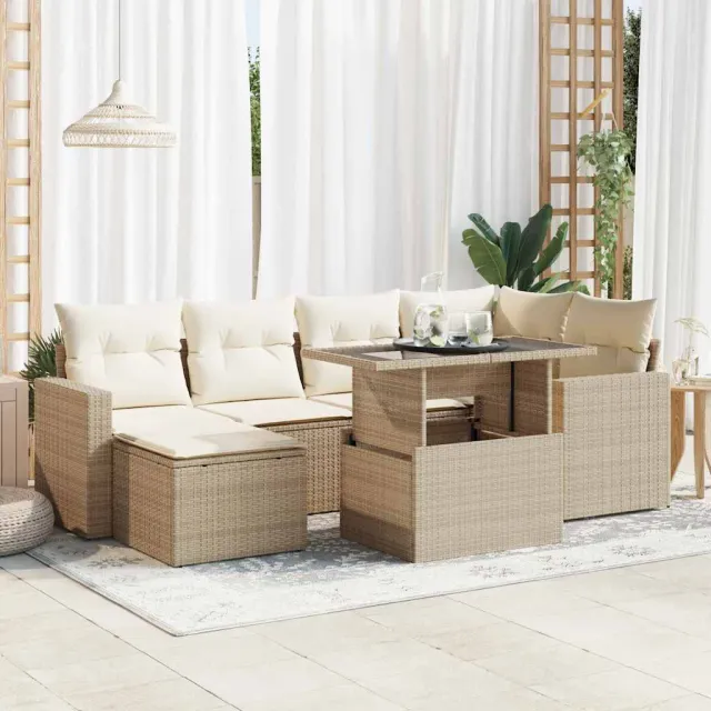 vidaXL 7-delige Loungeset met kussens poly rattan beige, foto 2