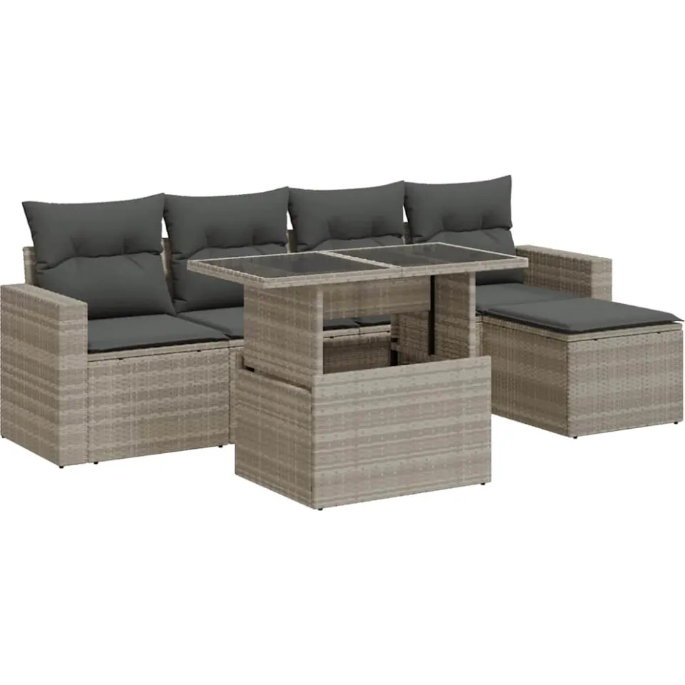 vidaXL 6-delige Loungeset met kussens poly rattan lichtgrijs grijs, foto 3