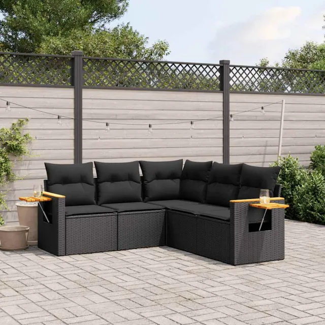 vidaXL 5-delige Loungeset met kussens poly rattan zwart, foto 2
