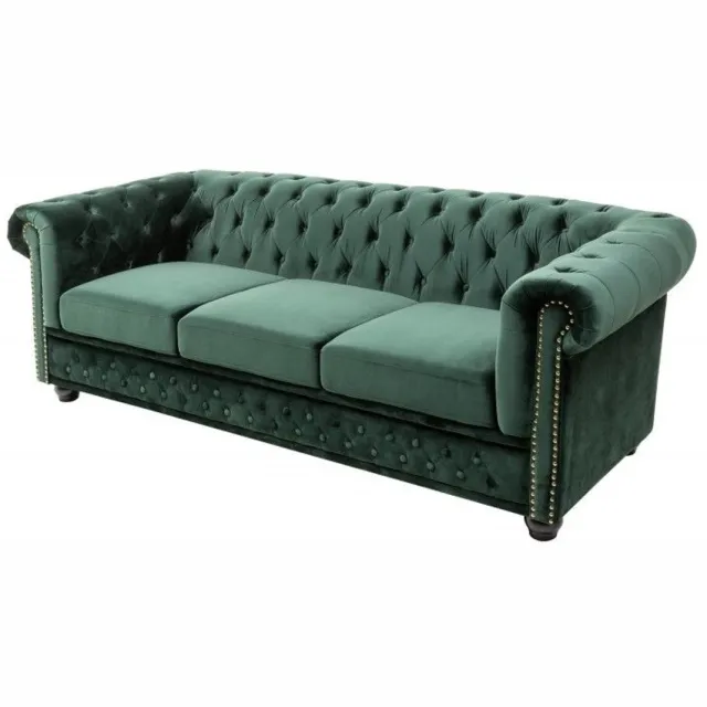 Invicta Interior Chesterfield 3-zitsbank 205cm flesgroen fluweel met knoopstiksel en veerkern - 40483 Zie omschrijving