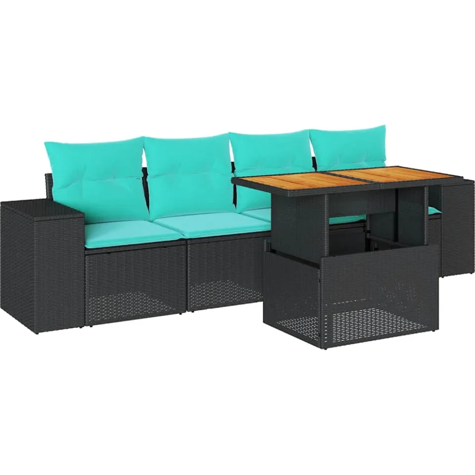 vidaXL 5-delige Loungeset met kussens poly rattan zwart