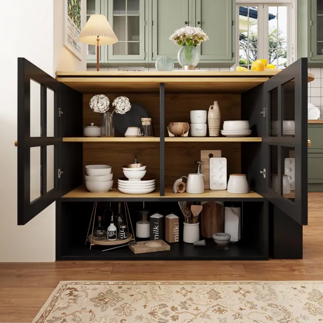 WUVRIE Uitschuifbare statafel 138-204 x 39 cm - 360° draaibaar met glazen kastdeuren - Zwart