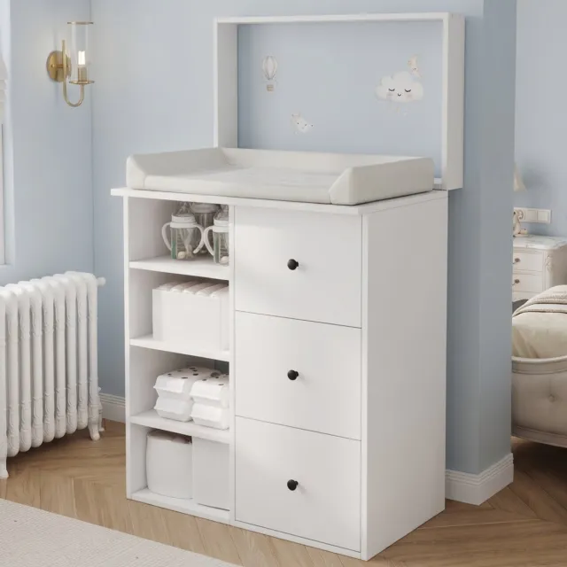 MIVRAY Baby Verschoonkast – 2-in-1 Met Afneembare Beschermrand – Met Laden En Opbergruimte – 82 x 50 x 100 cm – MDF – Wit