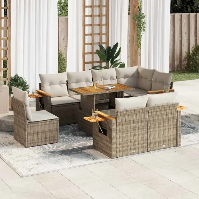 vidaXL 9-delige Loungeset met kussens poly rattan acacia beige, foto 2