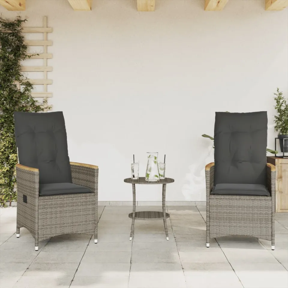 vidaXL 3-delige Bistroset met kussens poly rattan grijs, foto 2