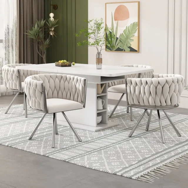 MEUNIQ Eetkamerstoel set van 4, velvet, 360° draaibaar, met armleuningen en metalen onderstel, beige en zilver voor eetkamer en woonkamer