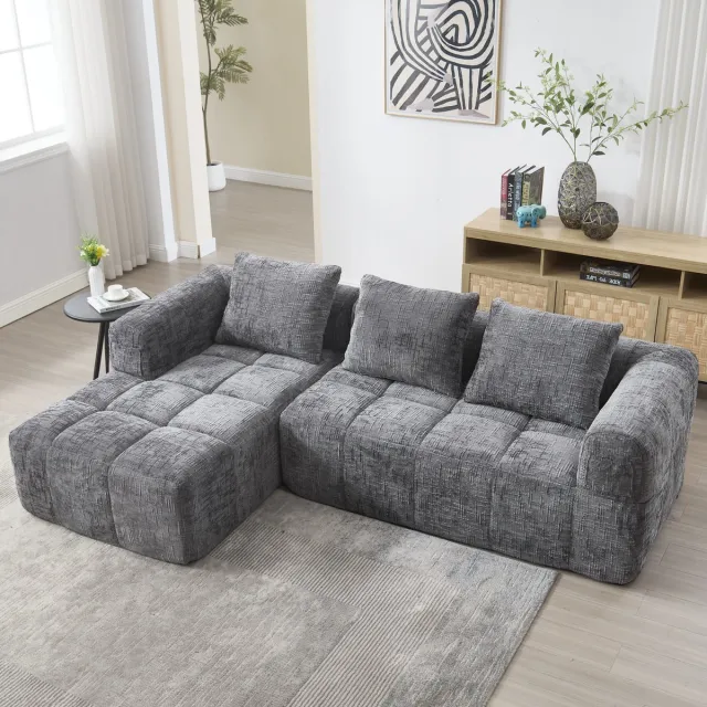 Gutent Bank Moderne hoekbank, L-vormige bank, 3-zitsbank, geen montage nodig, chenille bank met chaise longue en armleuningen, 3 kussens, zijvak voor afstandsbediening, grijs