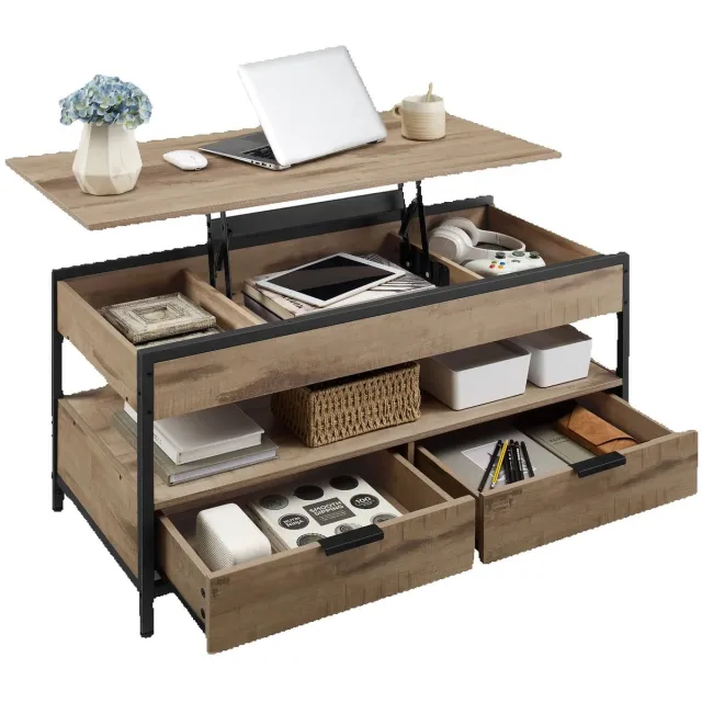 Noventra verstelbare salontafel-salontafel met lade-salontafel met opbergruimte-lift top tafel-100x50x48 cm-hout/metaal-zwart/houtkleur