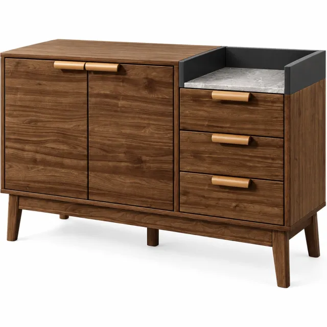 Luxevo Dressoir – Opbergkast Eiken met Marmerlook Blad – 120 cm – 3 Laden & 2 Deuren – Verstelbare Planken – Massief Houten Poten – Mid-Century Sideboard eiken hout
