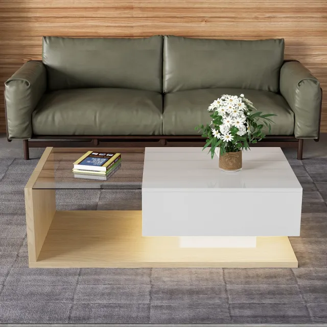 Wishdor Salontafel 105x55x32,5 cm van spaanplaat en gehard glas, hoogglans wit en naturel hout, met 16-kleurige LED