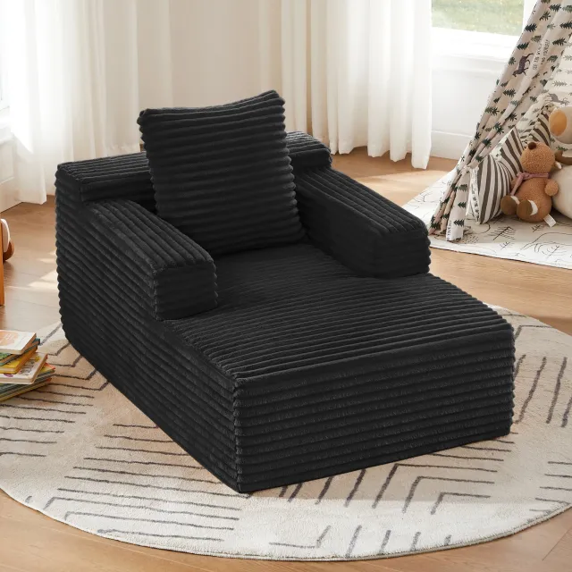 Wishdor Chaise longue - 1-zits loungestoel van ribstof - Zonder montage - Hoge rugleuning en armleuningen - Modern ontwerp - Woonkamer kantoor appartement - Zwart - 117 x 81 x 50 cm