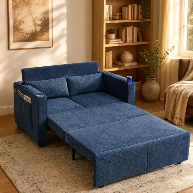 COVREO Slaapbank 195x134x73 cm Navy Blue, hout en stof, met USB-oplaadpoort
