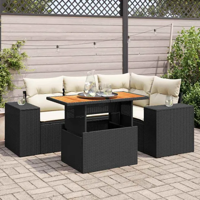 vidaXL 5-delige Loungeset met kussens poly rattan zwart, foto 2