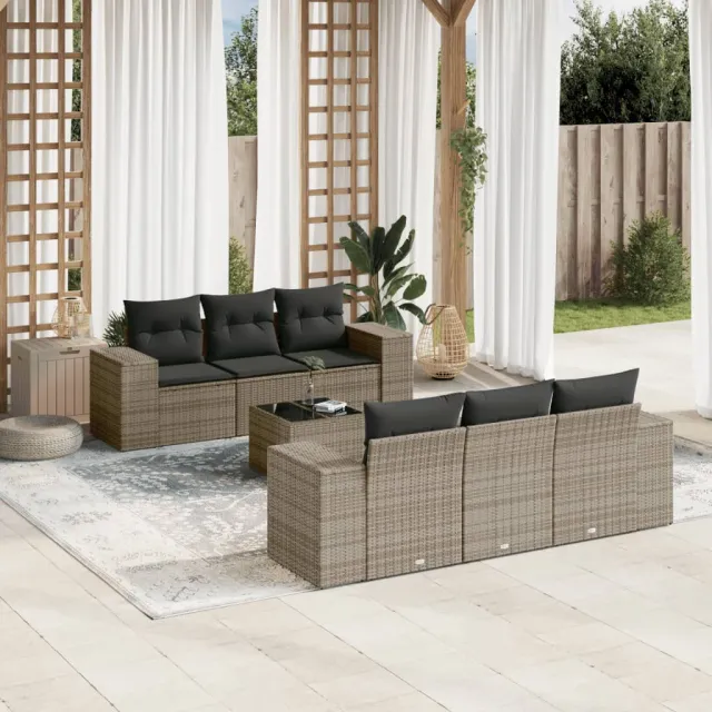 vidaXL 7-delige Loungeset met kussens poly rattan grijs, foto 2