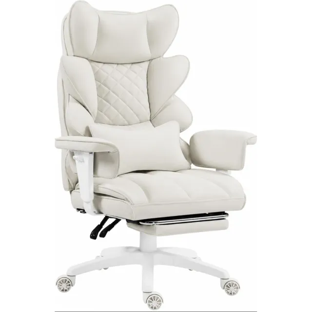 Dowinx Gamingstoel - Ergonomische Bureaustoel - Pocketvering Zitkussen - Dubbele Zachte Rugleuning - Verstelbaar Lendenkussen - Armleuningen - Voetsteun - PU - Wit