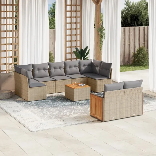 vidaXL 10-delige Loungeset met kussens poly rattan beige, foto 2