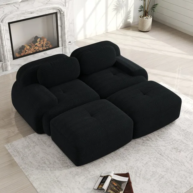 MIVRAY Hoekbank 2-Zits - Modulair Met Chaise Longue - Ergonomische Armleuningen - Anti-Slip Onderzijde - Corduroy Zwart
