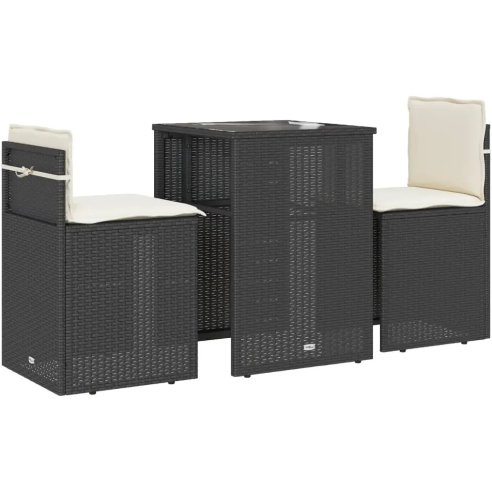 vidaXL 3-delige Bistroset met kussens poly rattan zwart, foto 3
